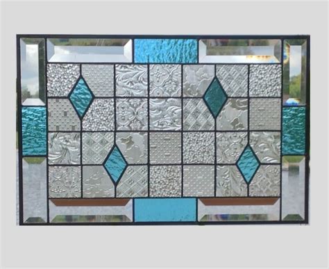 Geometric Stained Glass Panel Window Hanging Clear Blue By Sghovel