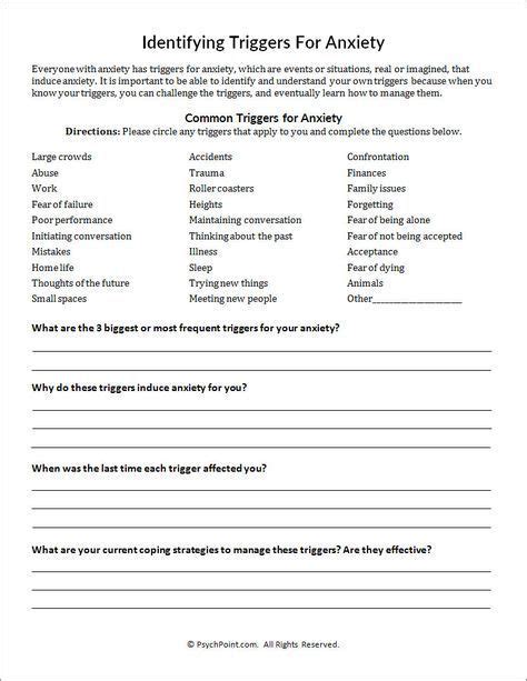 Anxiety Triggers Worksheets