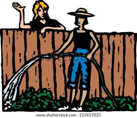Vector Illustration Of Two Women Neighbors Talking Over Fence
