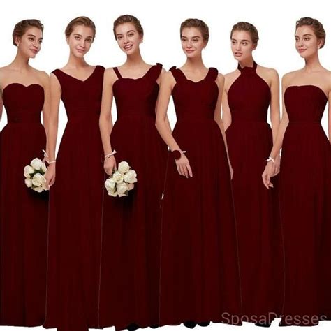 Mismatched Chiffon Dark Red Cheap Long Cheap Bridesmaid Dresses Online