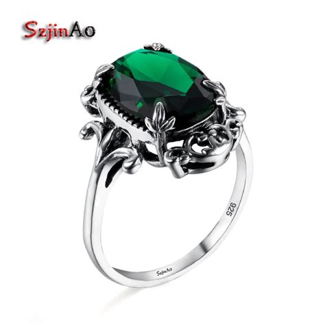 여자를위한 szjinao 녹색 에메랄드 반지 고품질 진짜 925 순은 가공 빈티지 반지 유행 보석 도매 ring fashion ring forring wholesale