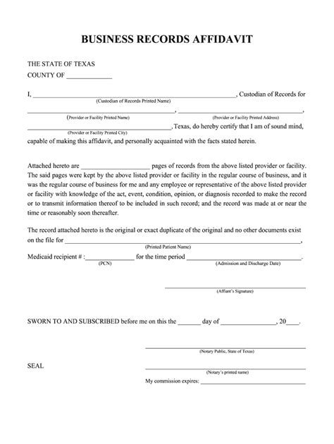 Business Records Affidavit Texas Template Fill And Sign