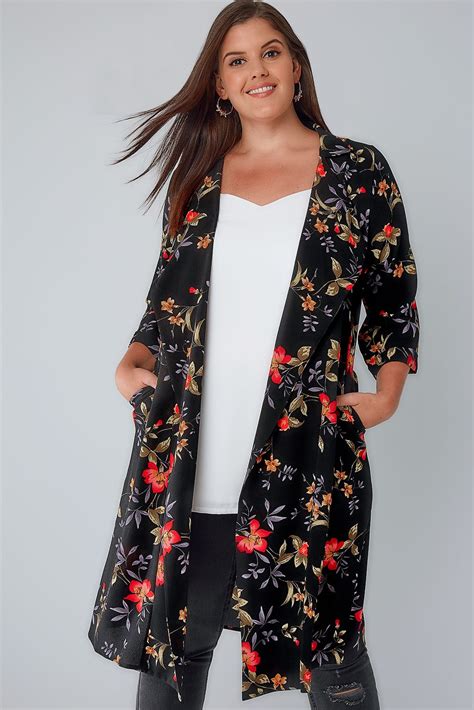 Black And Multi Floral Panelled Duster Jacket With Waterfall Front And Half