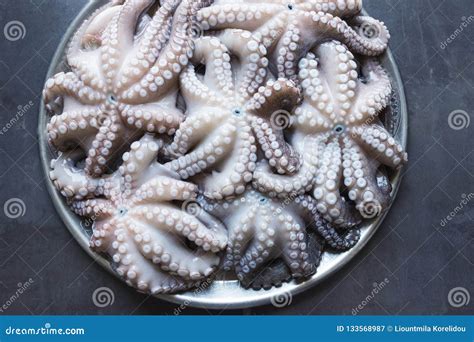 Fresh Raw Octopus On A Large Platter Concept Healthy Food Lo Stock