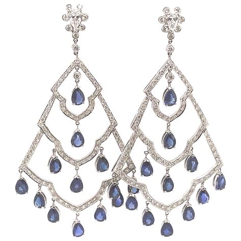 Large Sapphire Diamond White Gold Chandelier Earrings At 1stDibs