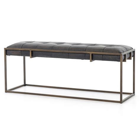 Oxford Tufted Vintage Black Leather Bench 43 With Brass Legs Zin Home