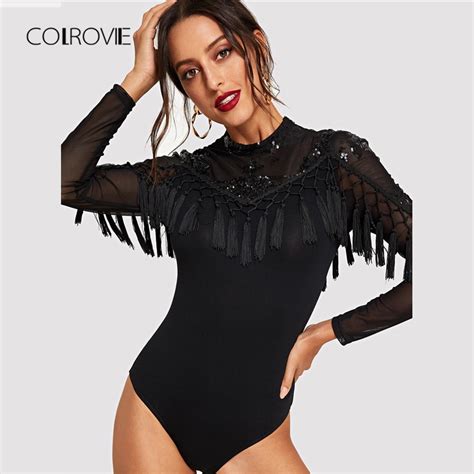 Buy Colrovie Black Fringe Mesh Sheer Elegant Sequin