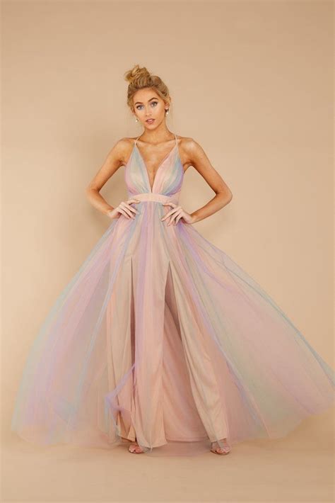 Dreamy Pastel Rainbow Gown Deep V Tulle Maxi Maxi Dress 7200