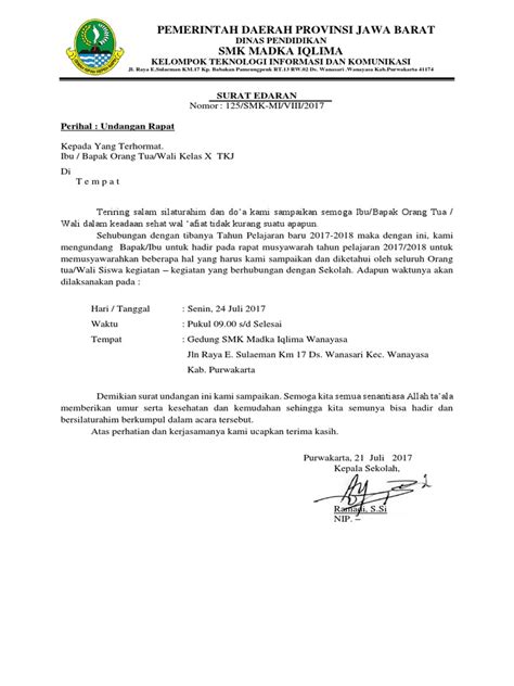 Contoh surat rapat kepala sekolah. Surat Undangan Rapat Orang Tua Siswa Baru - Contoh Seputar ...