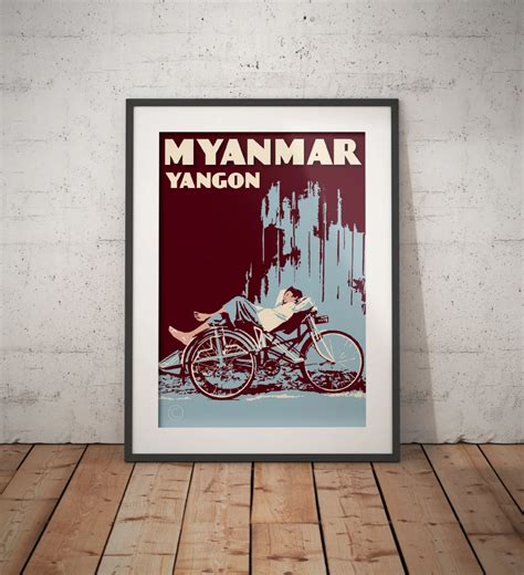 Vintage Poster Myanmar Yangon Trishaw Blue Fine Art Print