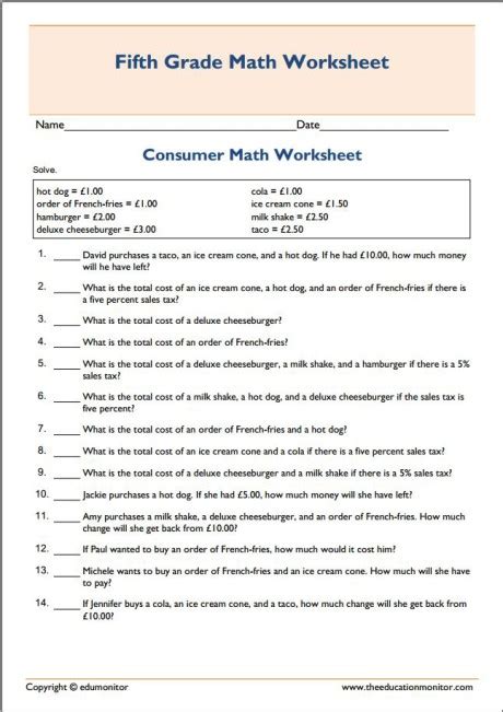 basic printable consumer math worksheet