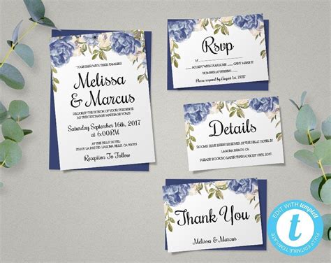 Blue Floral Wedding Invitation Set 4 Templates Included 100