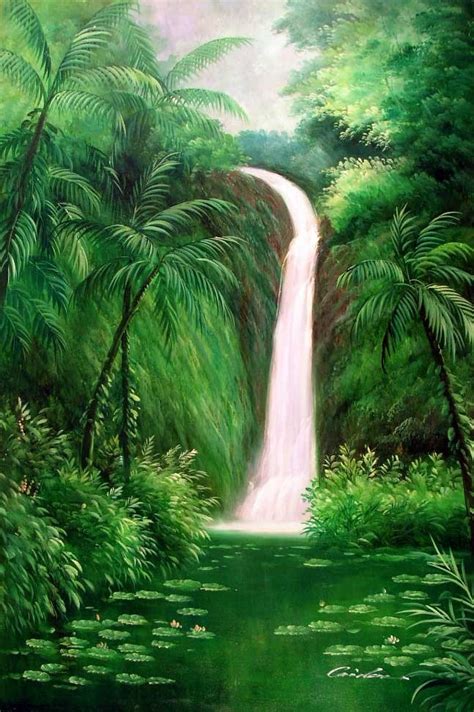 Waterfall Tropical Hawaii Green Pond Big Oil Painting This View Of A