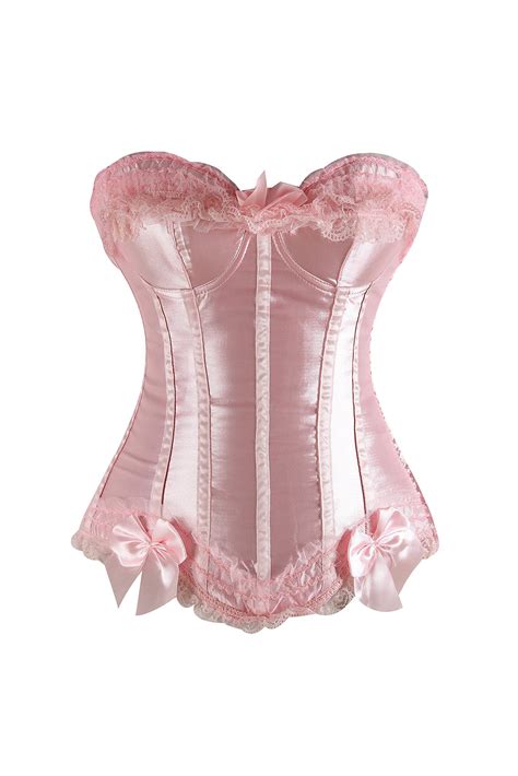 naughty pink satin corset with matching bows and ruffle trim clothing overbust