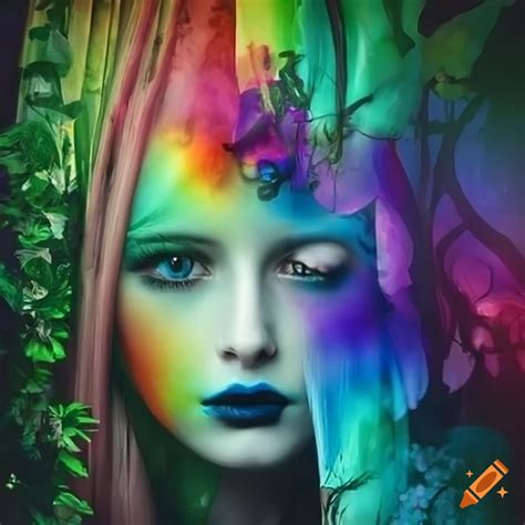 Colorful And Surreal Womans Face In The Forest With Gothic And Creepy