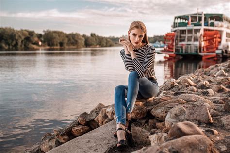 Wallpaper Blonde Jeans River Depth Of Field Portrait Sitting Women Outdoors Evgeny