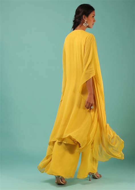 Buy Lemon Yellow Kaftan And Palazzo Suit In Georgette With Mirror Abla