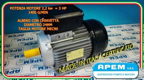Motore Elettrico Monofase 22 Kw 3 Hp 3 Cv 1400 Giri Mec90 V230 Made