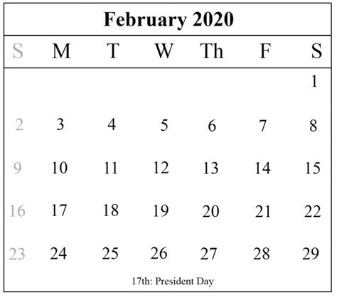 Print February 2020 Calendar Template Calendar Template Calendar
