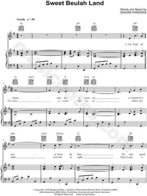 Download easily transposable chord charts and sheet music plus lyrics for 100,000 songs. Squire Parsons "Sweet Beulah Land" Sheet Music in G Major ...
