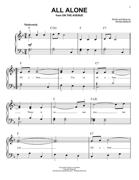 All Alone Easy Piano Print Sheet Music Now