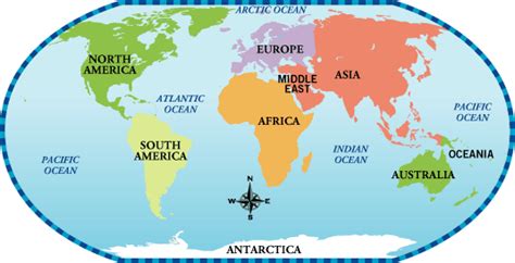 It reveals the arctic ocean, the atlantic, the black sea, and the mediterranean sea. English El Zargal: CONTINENTS AND OCEANS
