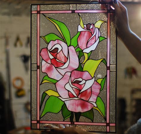 Stained Glass Pink Rose Stained Glass Panel Stained Glass Etsy