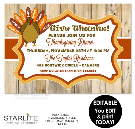 thanksgiving invitation rustic turkey editable instant