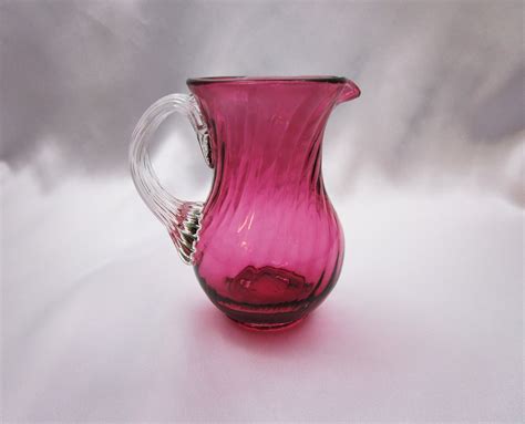 Vintage Amethyst Clear Handle Pitcher Art Glass Swirl Pattern Hand Blown Purple Miniature Vase