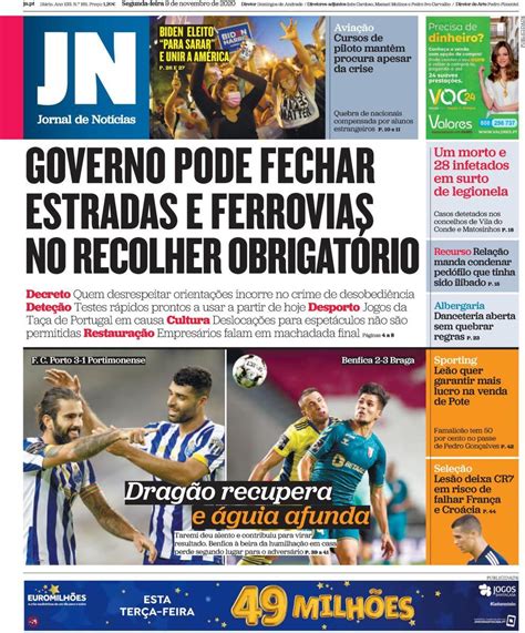 Capa Jornal De Notícias 9 Novembro 2020 Capasjornaispt