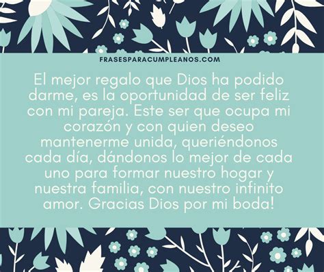 Jul 21, 2017 · para tu pareja, para tus padres, para tus amigos… en argyor te damos varias ideas de las mejores frases para bodas para que te sirvan de inspiración. Frases de agradecimiento a Dios por mi Boda - Regalarted