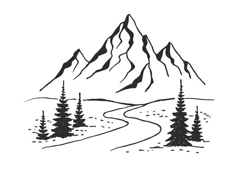 Mountains Road Landscape Black On White Background Hand Drawn Rocky