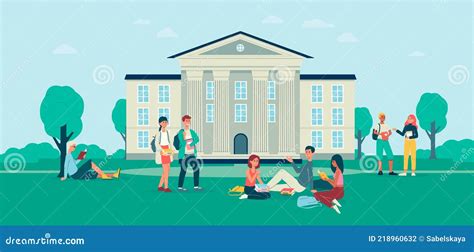 Background With Students In Front Of College Campus Flat Vector