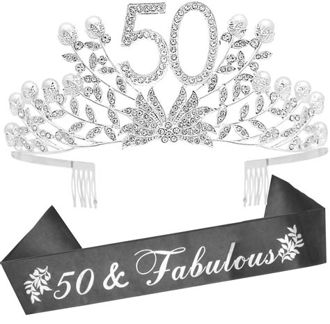 Buy 50th Birthday Sash And Tiara Set Glittery Fabulous Sash And Botanic Rhinestone Tiara For Women