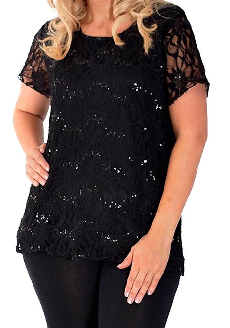 Ladies Plus Size Sequin Detail All Over Floral Lace Tunic T Shirts Tops