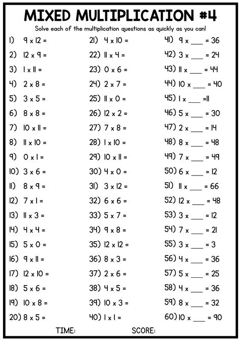 Multiplication Timed Test Printable 0 12 Free