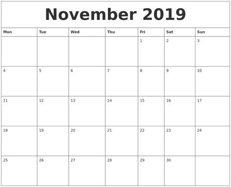 November 2019 Monthly Printable Calendar