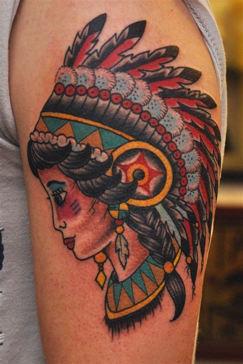 Traditional indian feather headdress tattoo on shoulder. Traditional Indian Head Tattoo | Really enjoyed doing this ...
