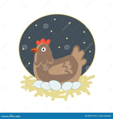 Hen Sitting On Her Eggs In Straw Nest At Night 140ai Stock Vector