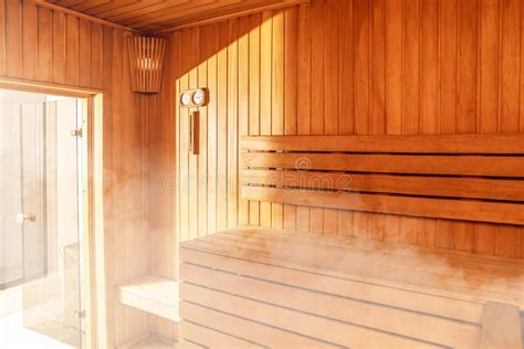 Interior Of Finnish Sauna Classic Wooden Sauna With Hot Steam Russian