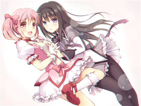 2girls Akemi Homura Black Hair Blush Bow Dress Gunp Headband Kaname Madoka Long Hair Mahou