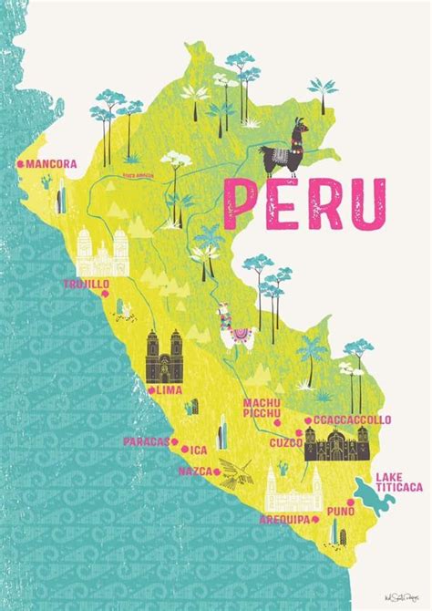 Illustrated Map Peru Map Retro Travel Poster