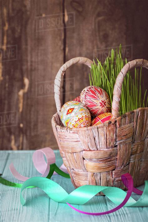 Happy Easter Basket With Beautiful Easter Egg Pysanka Handmade