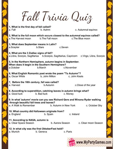 Free Printable Fall Trivia Quiz My Party Games Trivia Quiz Trivia