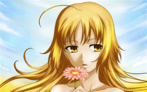 Yellow anime pics are great to personalize your world. Yellow eyed and yellow haired female anime character holding flower HD wallpaper | Wallpaper Flare