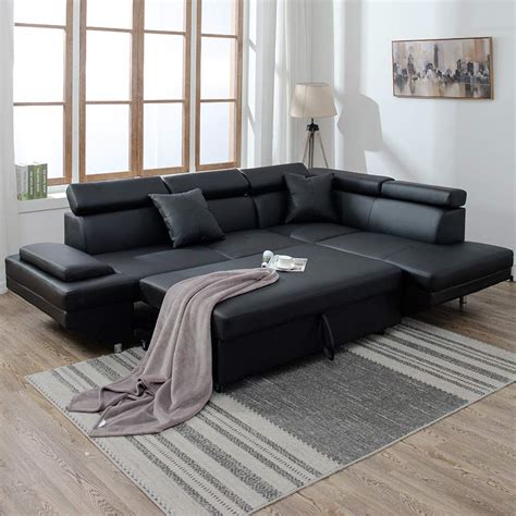 2pc Sleeper Sectional Sofa Black Faux Leather Corner Sofa