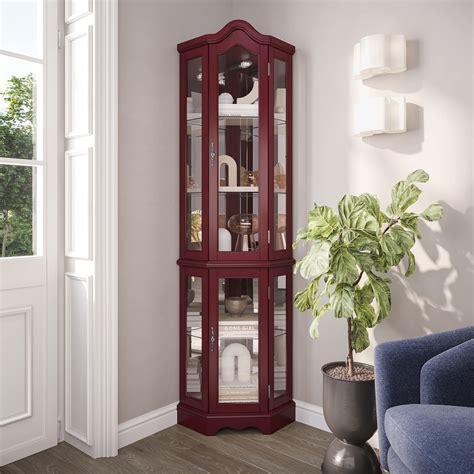 Buy Belleze Lighted Corner Display Curved Top Curio Cabinet Wooden Shelving Unit With Tempered