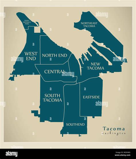 Modern City Map Tacoma Washington City Of The Usa With Neighborhoods And Titles Stock Vector