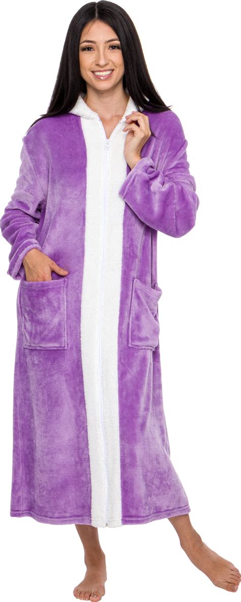 Silver Lilly Womens Sherpa Trim Fleece Robe Zip Up Luxury Long House Coat Lavender Small