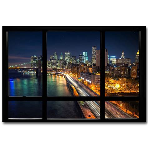 New York City Night Window View Poster Brooklyn Bridge 32x24